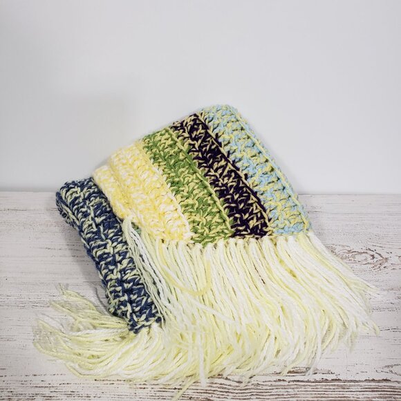 Handmade Multicolor Crocheted Blanket with Fringe  34" X 44" Great condition - Picture 1 of 5